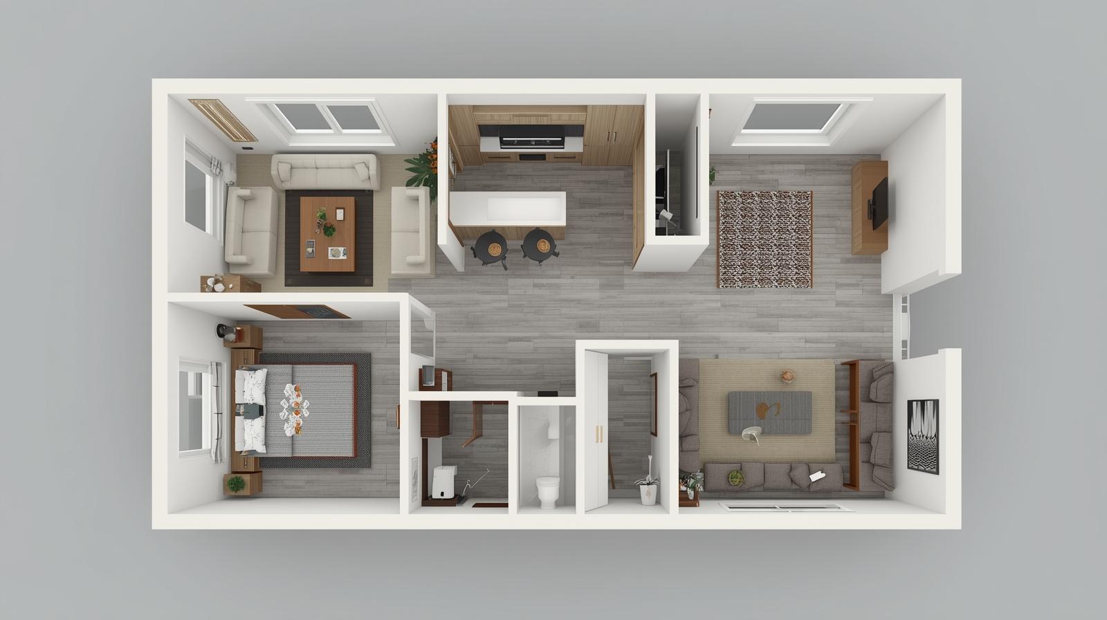 3D perspective render of a modern Pakistani 5 marla house floor plan with open living design and furniture layout.