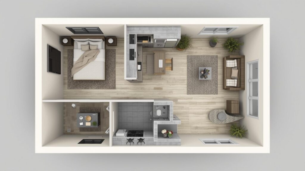 3D compact floor plan design of a 3 Marla modern house in Pakistan with two bedrooms, kitchen, and living room.
