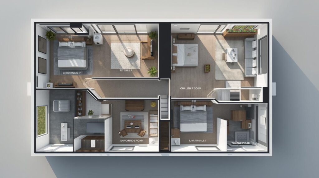 3D double-story house floor plan with labeled rooms including bedrooms, kitchen, living room, and bathrooms.