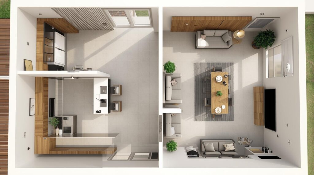 3D render of open kitchen and living room floor plan in a modern Pakistani 5 marla house with kitchen island and dining area.