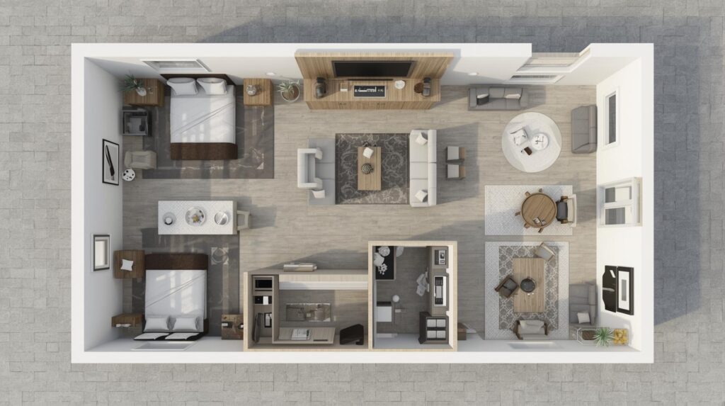 Top view 3D render of a modern 5 marla house floor plan in Pakistan with two bedrooms, kitchen, and living room.