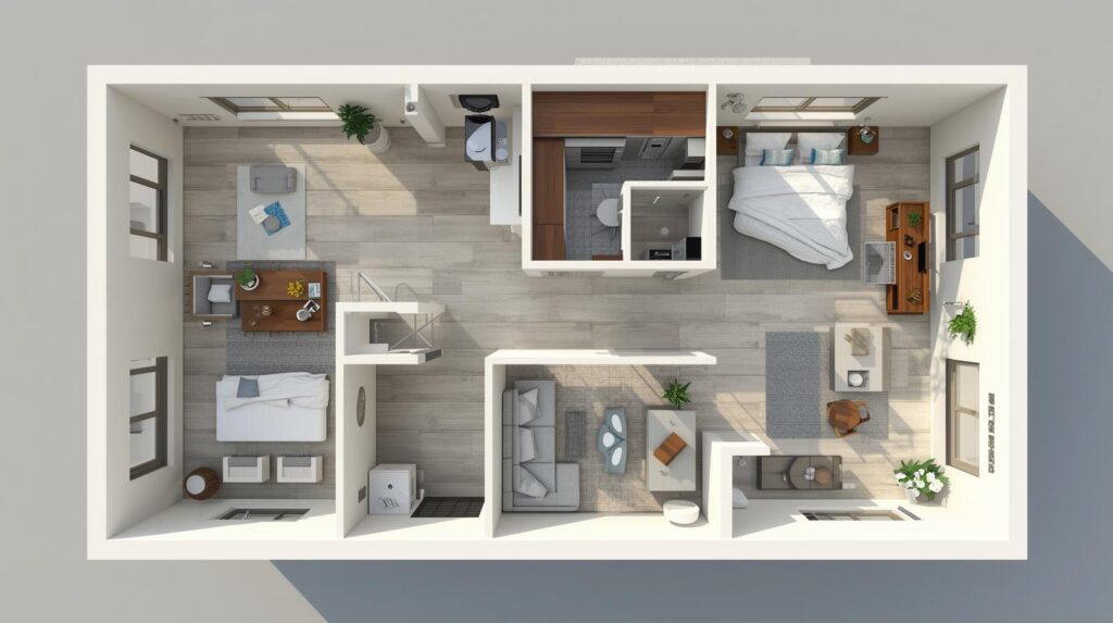 3D render of 5 Marla house plan layout drawing in Pakistan with bedrooms, kitchen, and living room.
