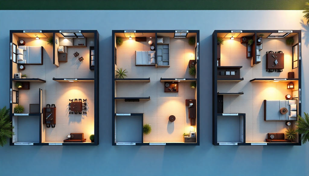 Collage of 3D rendered house floor plans – 3 Marla, 5 Marla, and luxury 1 kanal villa