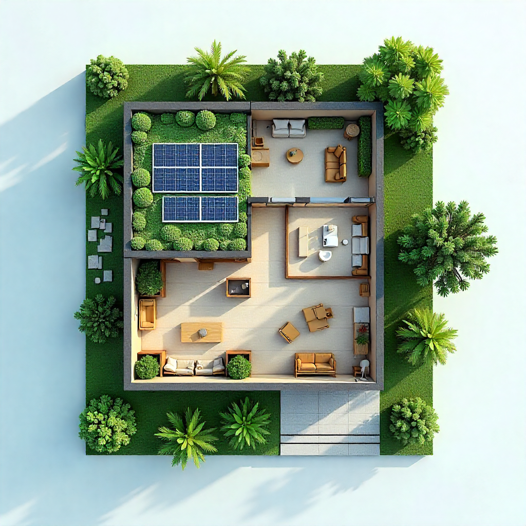 3D eco-friendly house floor plan with solar panels, rooftop garden, and sustainable features in Pakistan.