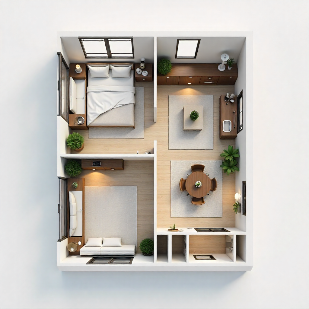 3D luxury 1 kanal villa floor plan in Pakistan with bedrooms, kitchen, terrace, lawn, and car porch.