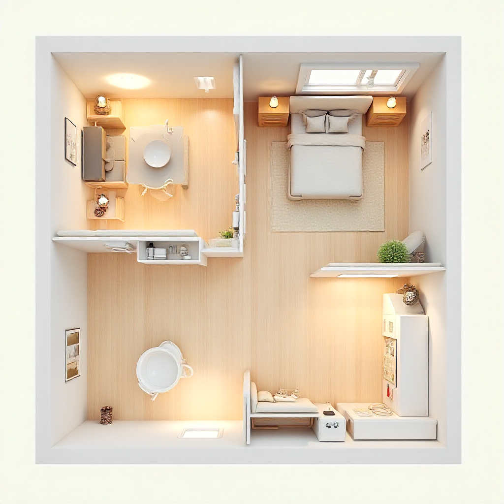 3D minimalist one-bedroom house floor plan with open kitchen, living room, and bathroom.
