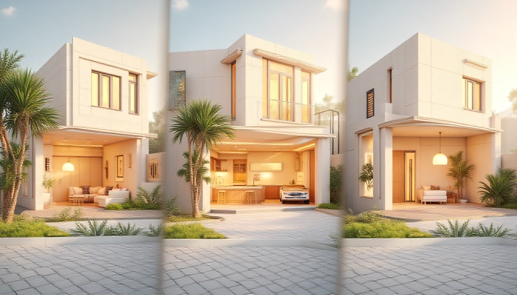 3D duplex house floor plan in Pakistan with two separate living units, bedrooms, kitchens, and living rooms.