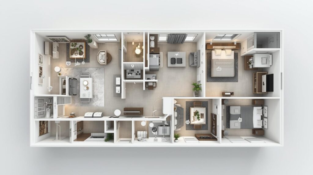 3D house floor plan highlighting smart home features like lighting, security, and energy-efficient systems.
