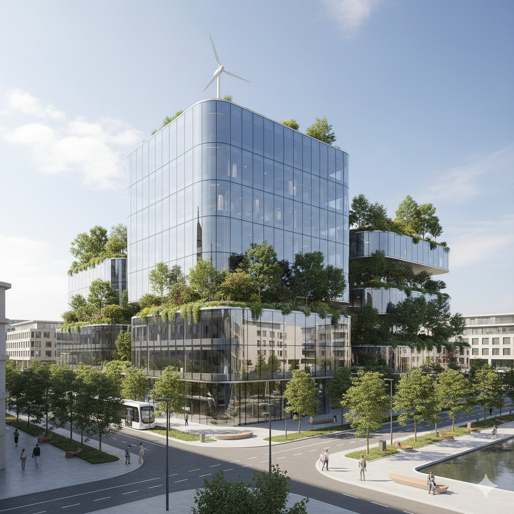 Modern sustainable building exterior with glass architecture and green rooftop – ShapeSpace Associates