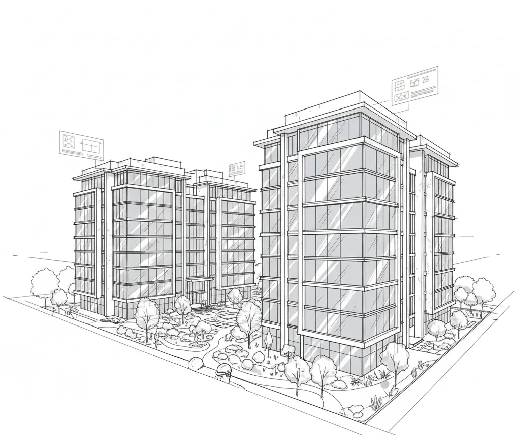 Black and white architectural line drawing of a modern building complex with geometric forms and landscaped areas, people-free technical sketch.