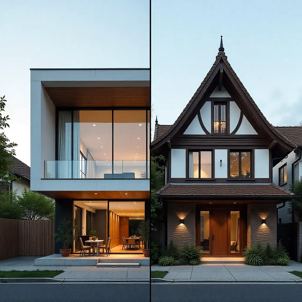 Side-by-side comparison of modern architecture and traditional architecture styles